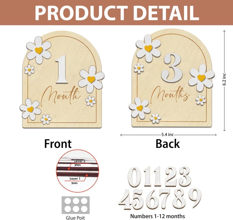 HONOCOOLS Store Baby Monthly Milestone Cards - Wooden Monthly Milestone Discs - Newborn Photography Props to Document Your Baby´s Growth - Baby Announcement Sign (B05) - Image 5